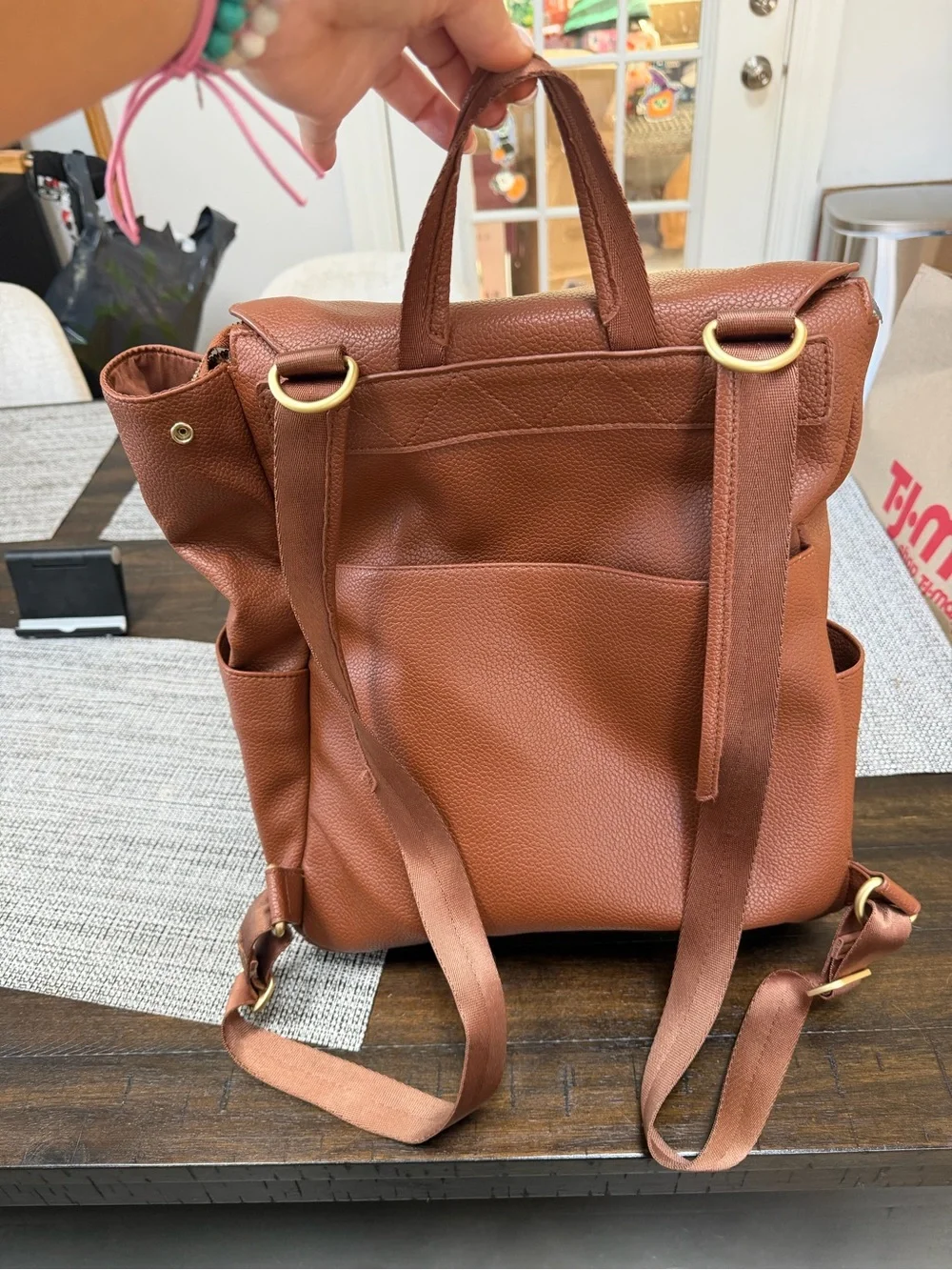 Freshly Picked Brown Leather-Textured Backpack with Gold Logo